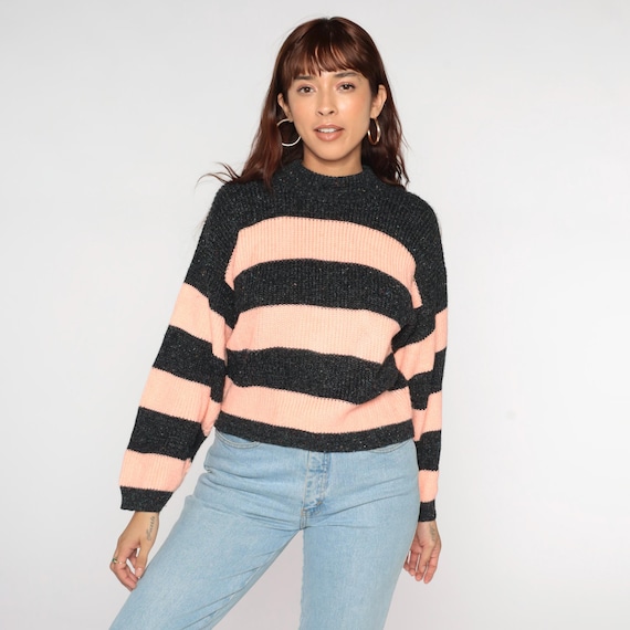 Vintage Peach Striped Sweater 80s Flecked Charcoal Grey Pullover Knit Sweater Retro Crewneck Jumper Spring Acrylic Basic 1980s Medium M
