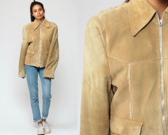 Tan Suede Jacket 70s Leather Jacket Bohemian Coat FAUX FUR LINED Boho Jacket Hippie Collared 1970s Vintage Hipster Tall Extra Small xs