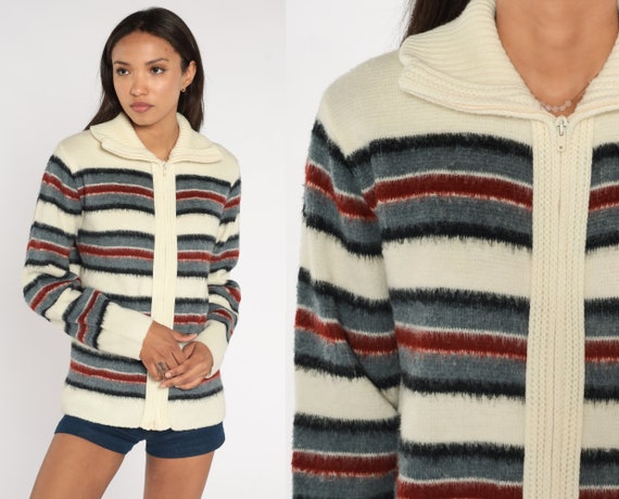 Striped Cardigan Sweater 70s Zip Up Sweater Retro Cream Grey Brown Sweater Acrylic Knit Grandpa Boho 1970s Vintage Medium