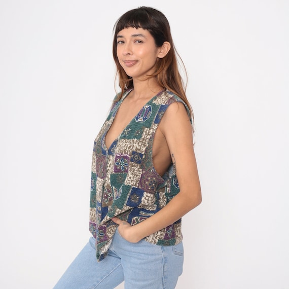 90s Southwestern Vest Geometric Patchwork Print Vest Button Up Sleeveless V Neck Blue Green Purple Southwest Vintage 1990s Extra Large xl