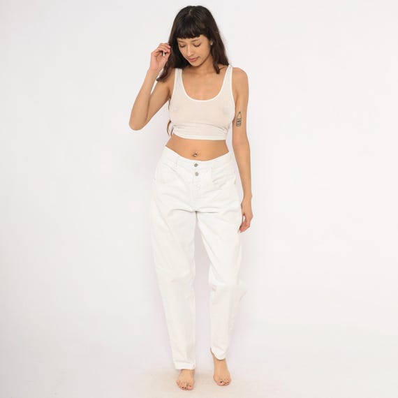 White Guess Jeans 90s High Waisted Straight Leg Denim Pants Ivory Cotton Mom Jean Vintage Trouser Relaxed Fit Tapered Womens 30