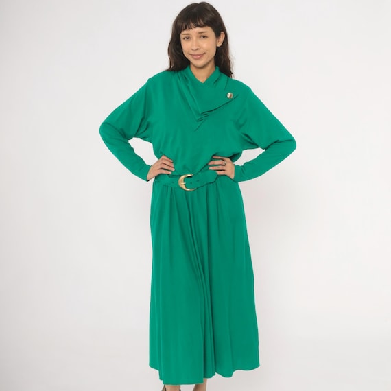 Emerald 80s Dress Draped Gold Buckle Belt Long Sleeve Gathered Waist Full Skirt Midi Teal Green Vintage Nerdcore Modest Women's Large L