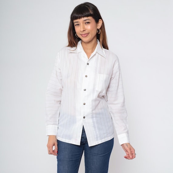 70s White Striped Shirt Vintage Dagger Collar Disco Shirt Oxford Top Long Sleeve Shirt Button Up 1970s Collared Shirt Medium M