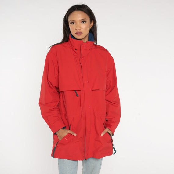 Eddie Bauer Windbreaker 90s Red Removable Hood Zip Up Jacket Retro Hiking Plain Normcore Retro Vintage 1990s Medium M