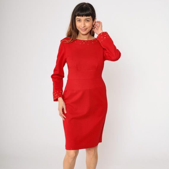 Vintage Red Studded Knit Dress 80s Sheath Dress Midi Long Sleeve High Waist Acrylic Blend 1980s Plain Pencil Medium M