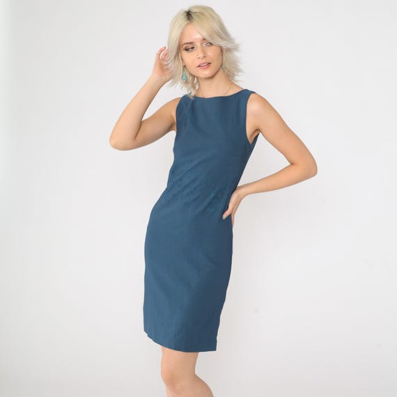 90s Blue Sheath Dress Floral Embroidered Mini Dress Sleeveless Pencil Dress Retro Classic Cocktail Dress Vintage 1990s Extra Small xs