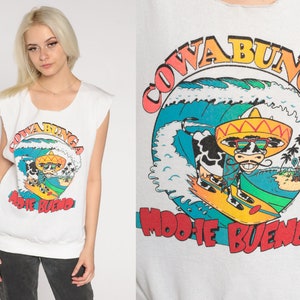 Camisa de vaca de surf 80s cowbunga regata animal t camisa engraçado surfista gráfico corte moletom branco músculo camiseta vintage 1980s surf médio