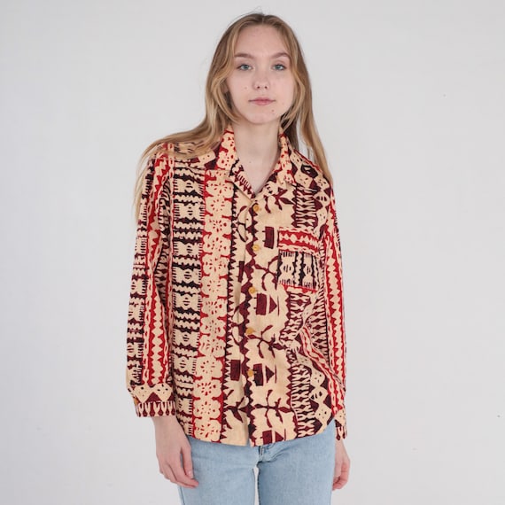 Vintage Batik Shirt 90s Button Up Shirt Tan Red Abstract Fish Stamp Print Top Hippie Bohemian Retro Statement Long Sleeve 1990s Mens Medium