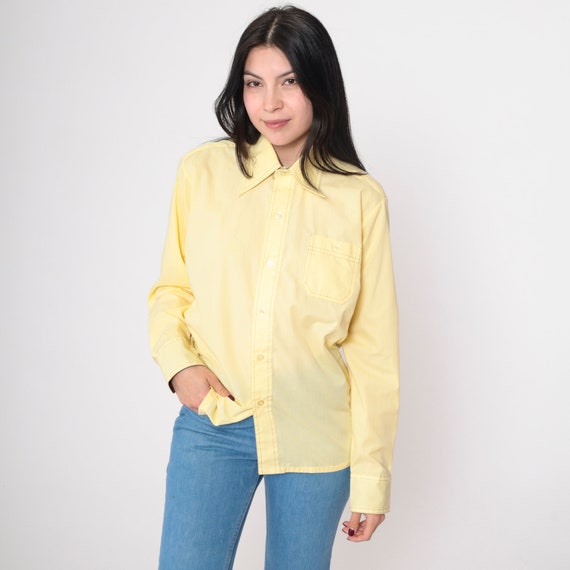 70s Shirt Yellow Dagger Collar Shirt Topstitch Button Up Shirt Long Sleeve Top Disco Shirt 1970s Collared Oxford Youth 18 Women's Small