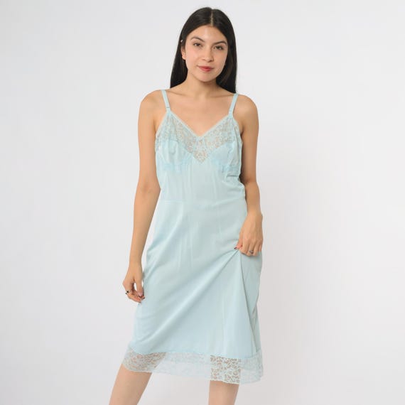 Baby Blue Slip Dress 70s Floral Lingerie Nightgown Midi Full Slip V Neck Empire Waist Spaghetti Strap Pastel Boudoir Vintage 1970s Medium 36