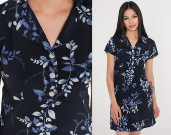 90s Day Dress Navy Blue Leaf Print Mini dress Button up Empire Waist Collared Minidress Short Sleeve Vintage 1990s Jody of California Medium