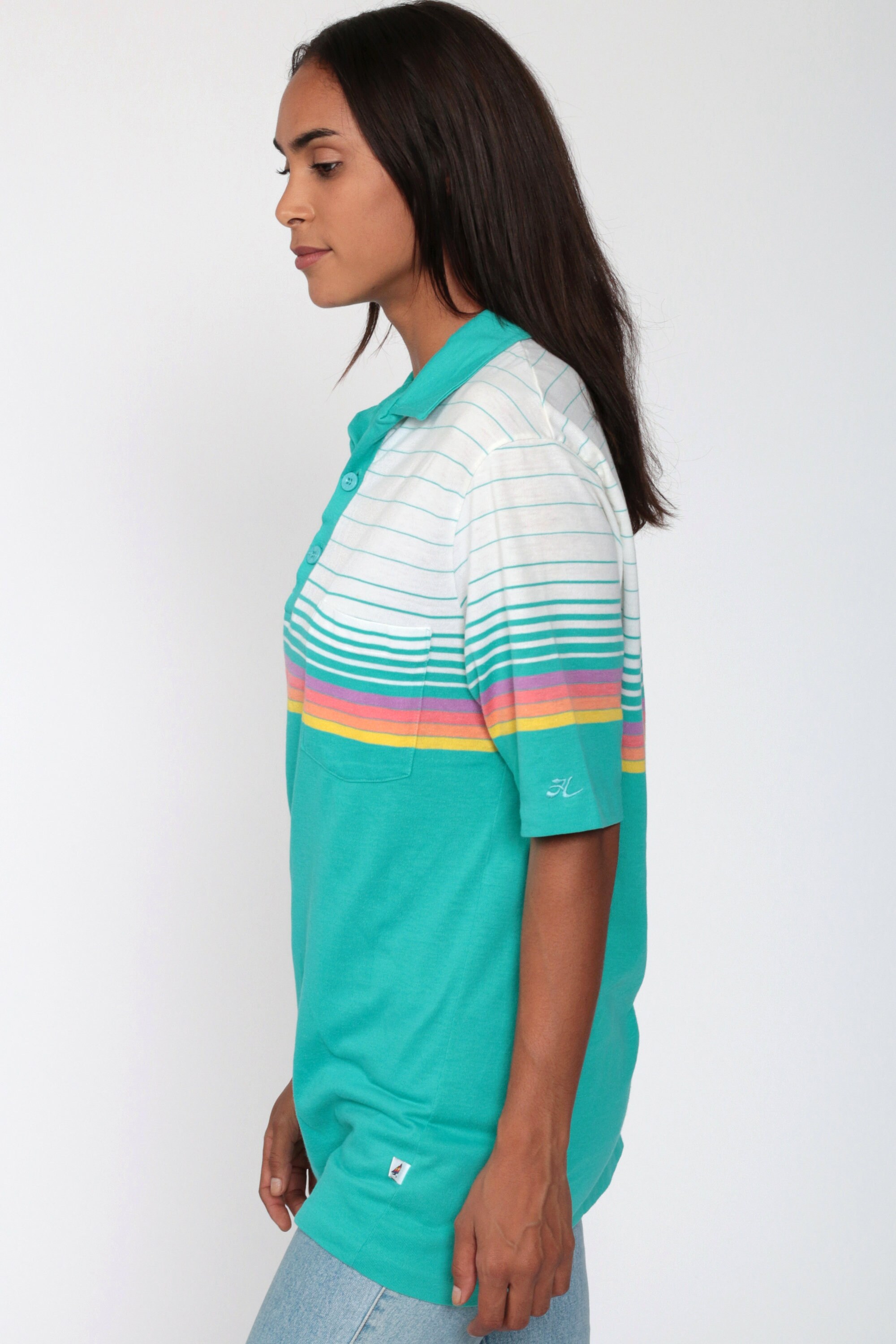 women rainbow striped shirt