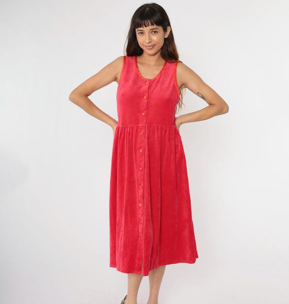 Vintage Red Velour Dress 90s Button Up Dress Sleeveless Midi Jumper Dress Shirtdress Plain 1990s High Waisted Pinafore Medium Petite