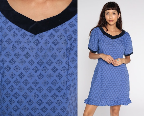 80s Dress Purple Geometric Puff Sleeve Dress Mini Dress 1980s Short Sleeve Vintage Shift Dress Muumuu Medium Large