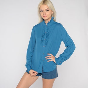 Blue Ruffle Blouse 70s Tuxedo Button Up Top Retro Boho Secretary Shirt Preppy Victorian Blouse High Neck Long Sleeve Vintage 1970s Small S