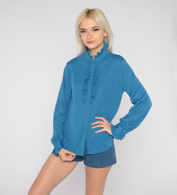 Blue Ruffle Blouse 70s Tuxedo Button Up Top Retro Boho Secretary Shirt Preppy Victorian Blouse High Neck Long Sleeve Vintage 1970s Small S