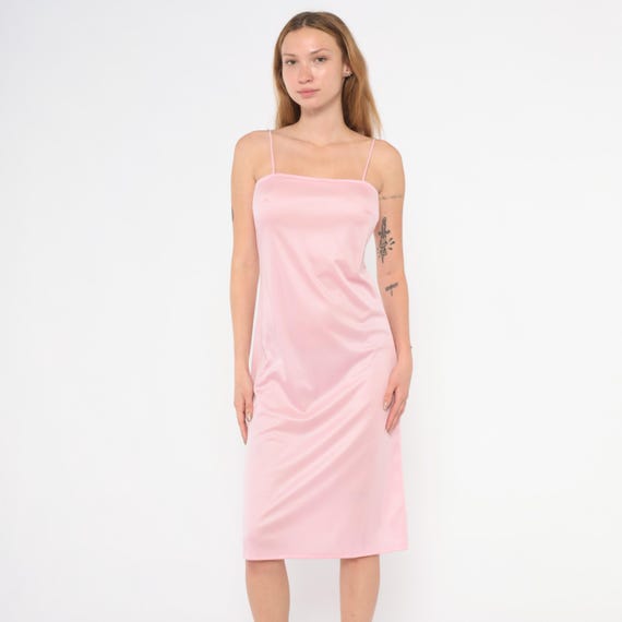70s Pink Satin Slip Dress Blush Spaghetti Strap Cami Rose Straight Neckline Coquette Balletcore Feminine Lingerie Style Vintage Small S