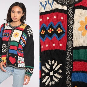 90s Cardigan Sweater Knit Floral Patchwork Print Ramie Cotton Button Up Grandma Sweater Heart Snowflake Boho Vintage Retro Extra Large xl