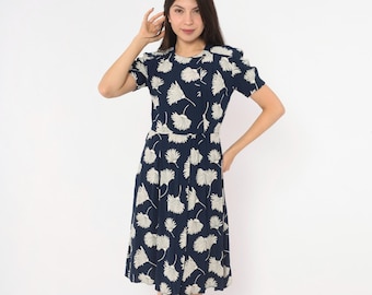 90s Dark Blue Floral Dress Liz Claiborne White Flower Print Short Puff Sleeve Button Front Collar A Line Fit Flare Garden Vintage Small S
