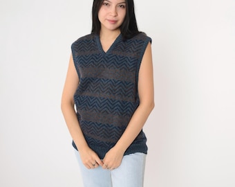 Vintage Zig Zag Sweater Vest Top Blue Wool Blend Knit Vest Striped Sleeveless Vest 80s V Neck Nerd Sweater 1980s Medium