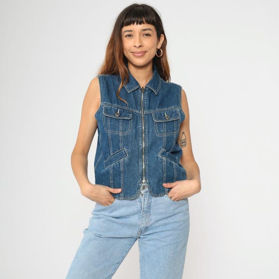 Reversible Denim Plaid Vest Top Vintage 90s Blue Grunge Zip Up Tank Top 1990s Checkered Utility Shirt Retro Medium
