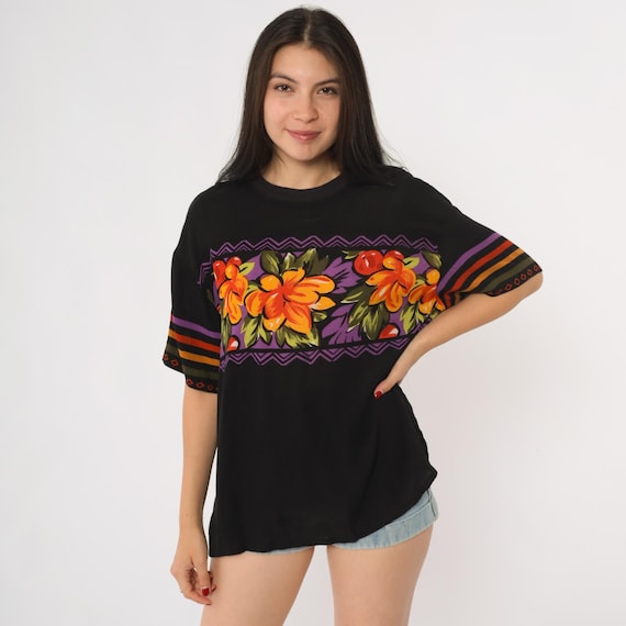 Floral Hawaiian Shirt Vintage 90s Black Rayon Short Sleeve Tropical Orange Red Purple Geometric Oversized Fit Boho Art Top Large L