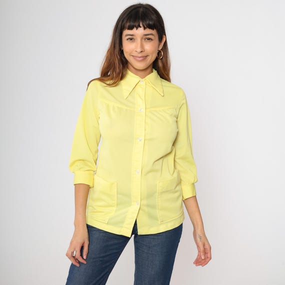 Vintage 70s Yellow Blouse Dagger Collar Button Up Shirt 3/4 Sleeve Top Disco Shirt 1970s Collared Plain Pocket Extra Small xs