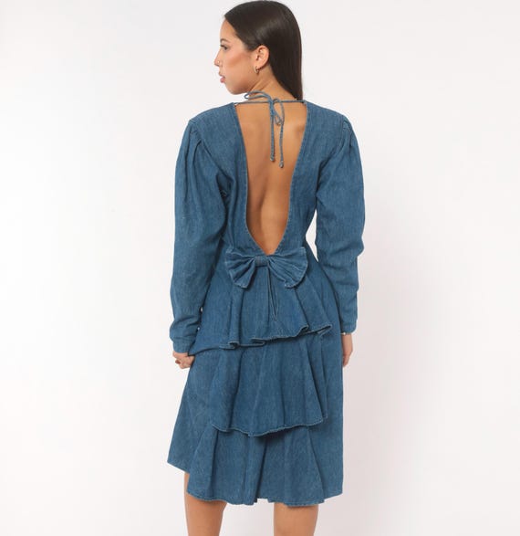 90s Denim Bow Back Dress Open Back Tiered Ruffle Puff Sleeve Cotton Blue Jean Long Sleeve Prairie Cottagecore Americana Vintage Large L
