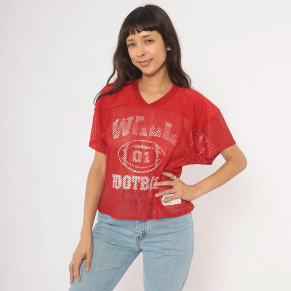 90s Russell Athletic Mesh Jersey Red Football Practice Crop Sportswear Crimson White Graphic Tee Vintage Collegiate Athletic Shirt Medium M