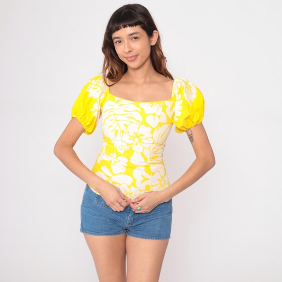 Hawaiian Floral Top 90s Yellow White Tropical Print Puff Sleeve Short Sleeve Y2K Summer Vacation Beach Blouse Fitted Vintage Style Small S