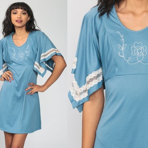 Babydoll Mini Dress Angel Flutter Sleeve Dress 70s FLORAL Embroidered Bohemian Empire Waist 1970s Vintage Boho MiniDress Blue Lace Small image 1