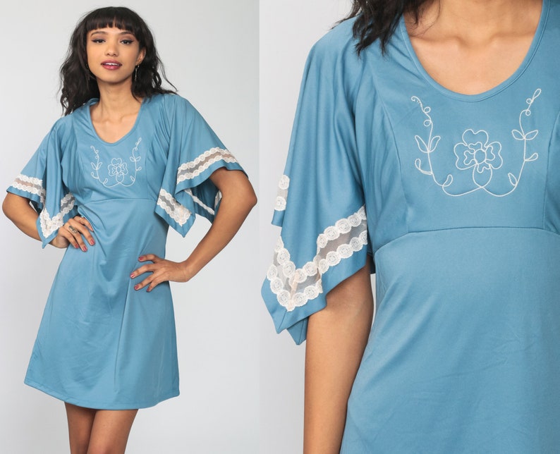 Babydoll Mini Dress Angel Flutter Sleeve Dress 70s FLORAL Embroidered Bohemian Empire Waist 1970s Vintage Boho MiniDress Blue Lace Small image 1