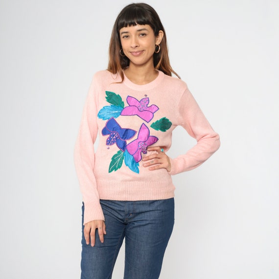 Sequin Flower Sweater 90s Baby Pink Floral Print Knit Sweater Sparkly Pullover Beaded Knitwear Vintage 1990s Acrylic Ramie Small Medium