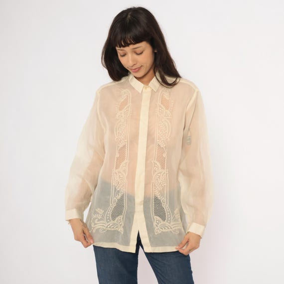 90s Embroidered Barong Tagalog Sheer Cream Button Front Shirt Blouse Filipino Formal Top Long Sleeve Cutwork Lace Collared Wedding Small S