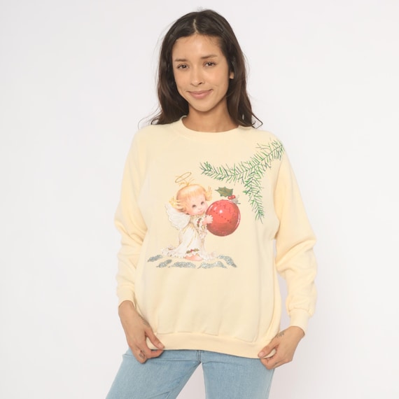 90s Christmas Angel Sweatshirt Holiday Graphic Pullover Crewneck Novelty Print Butter Yellow Festive Winter Raglan Sleeve Cotton Large L