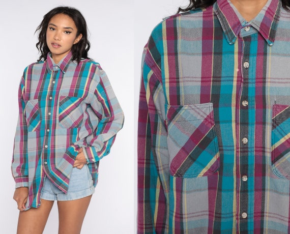 Blue Plaid Shirt 90s PLAID Flannel Long 