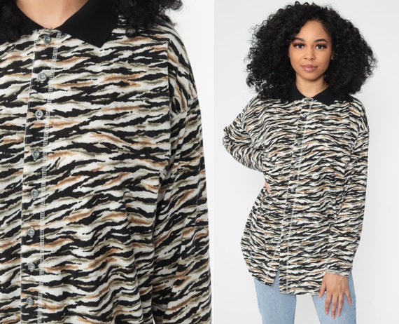 Tiger Print Shirt 80s Animal Print Blouse Tiger Shirt Long Sleeve Button Up Top 90s Collared Vintage Hipster Shirt Medium Large