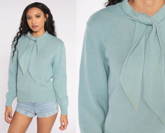 80s Ascot Sweater Muted Seafoam Blue Sweater Boho Sweater Knit Bohemian Necktie 1980s Pullover Vintage Retro Preppy Textured Sweater Large L