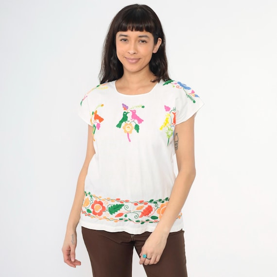 Vintage Embroidered Bird Shirt White Mexican Top 80s Hippie Boho Blouse Cotton Tunic Bohemian Floral Festival Retro Medium M