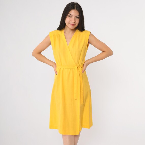 Yellow Wrap Dress 70s Mustard Gold Sleeveless V Neck Midi A Line Tie Waist Cap Sleeve Summer Disco Day Dress Garden Linen Small S