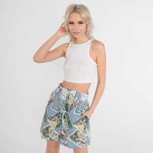 Pantaloncini tropicali anni '90 Bahamas Postcard Trouser Shorts Pantaloncini plissettati Vita alta Cotone Vacanze estive Vita alta Vintage anni '90 Piccolo Petite