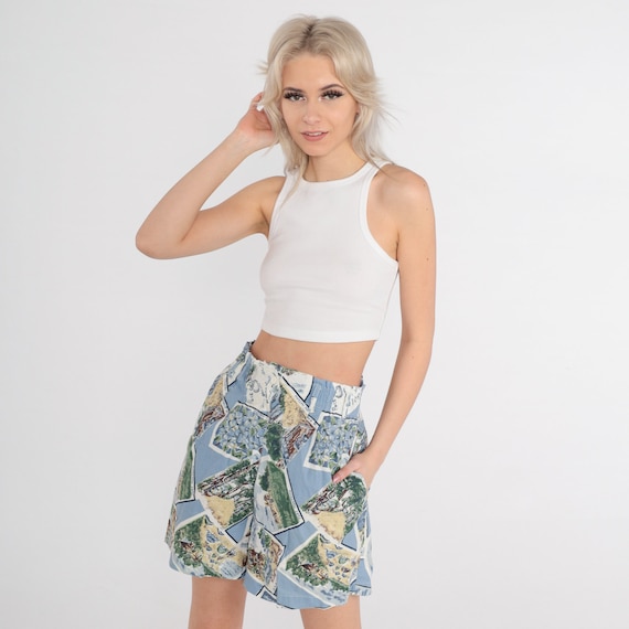 90s Tropical Shorts Bahamas Postcard Trouser Shorts Pleated Shorts High Waisted Cotton Summer Vacation High Waist Vintage 1990s Small Petite