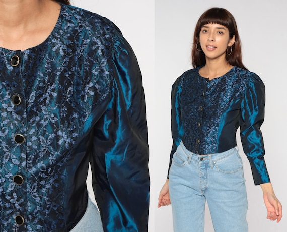 Blue Taffeta Blouse 80s Metallic Floral Lace Puff Sleeve Top Retro Button Up Shirt Shiny Glam Bow Iridescent Party Top Vintage 1980s Small S