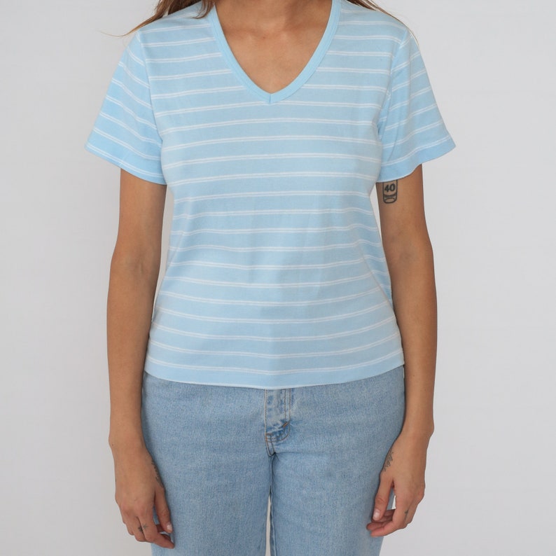 Striped T-Shirt 90s V Neck TShirt Blue White Tee Retro Short Sleeve Basic Plain Summer V Neck Shirt Cotton 1990s Favorites Vintage Medium M image 6