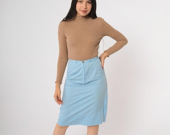 60s Pencil Skirt Mod Light Blue Vintage High Waisted Office Wear Classic Knee Length Slim Fit Tailored Minimalist Style Extra Small XS