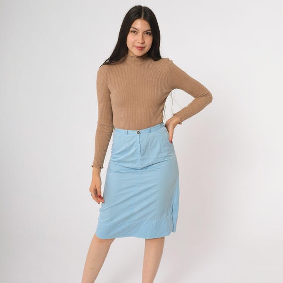 60s Pencil Skirt Mod Light Blue Vintage High Waisted Office Wear Classic Knee Length Slim Fit Tailored Minimalist Style Extra Small XS