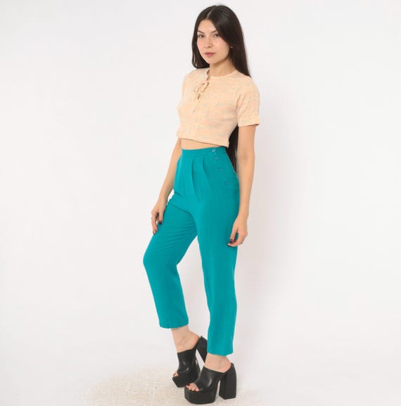 80s Teal Pleated Trousers High Waist Tapered Leg Turquoise Pants Side Button Cropped Blue Slacks Petite Academic Vintage Extra Small XS