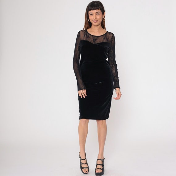 Black Velvet Lace Dress 90s Bodycon Party Midi Dress Sheer Illusion Neckline Velour Long sleeve Formal Evening Dress Vintage 1990s Large