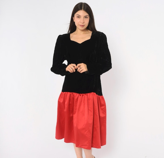 80s Velvet Drop Waist Dress Black Red Color Block Satin Skirt Sweetheart Neckline Long Sleeve Party Cocktail Evening Vintage Extra Large XL