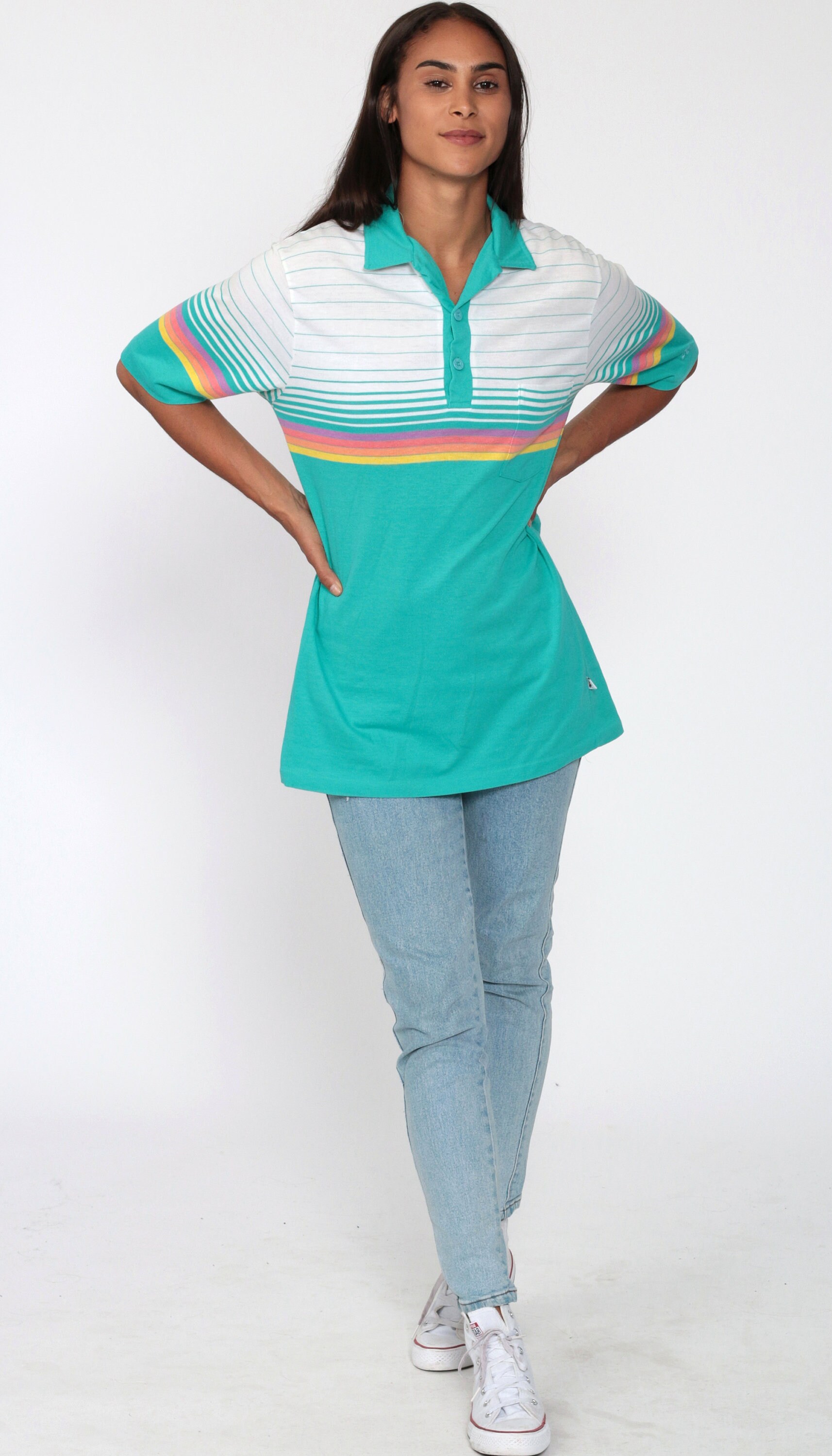 women rainbow striped shirt
